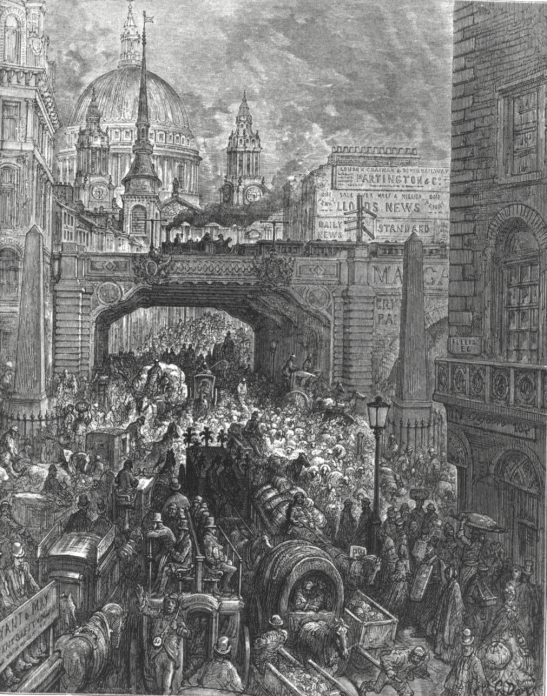 Traffic in London at Ludgate Hill in 1872 (by Gustav Doree).