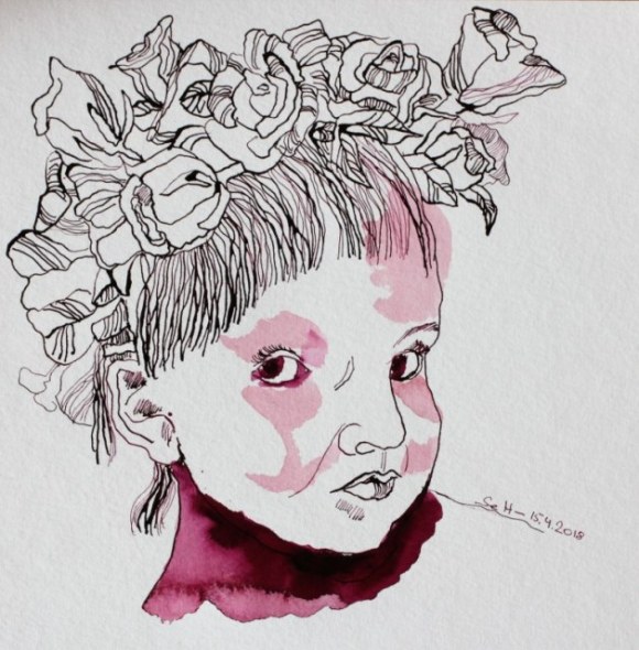 Mädchem mit Blumen im Haar - 25 x 25 cm - Tusche auf Hahnemuehle Burgund - Version 2 (c) Zeichnung von Susanne Haun
