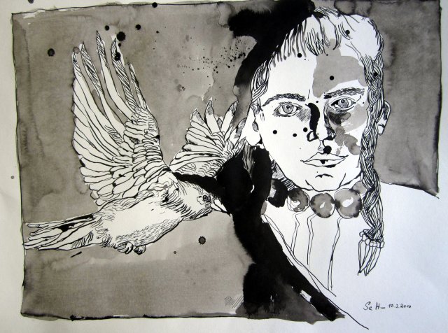 Kein Rabe ist fleischgieriger - Zeichnung von Susanne Haun - Tusche auf Papier - 43 x 56 cm