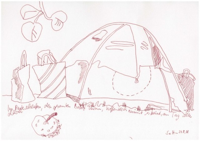 Im Zelt - Obdachlos - 30 x 40 cm - Zeichnung von Susanne Haun (c) VG Bild Kunst, Bonn 2018