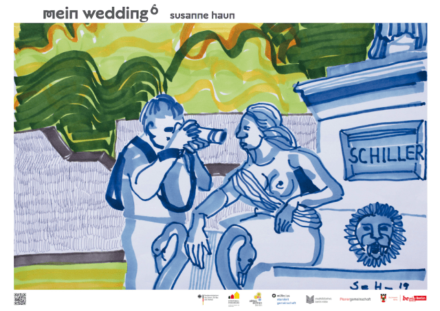 Fotoshooting im Schillerpark, 20 x 30 cm, Marker auf Hahnemühle Layoutpapier, Zeichnung von Susanne Haun, verkleinert (c) VG Bild-Kunst, Bonn 2019