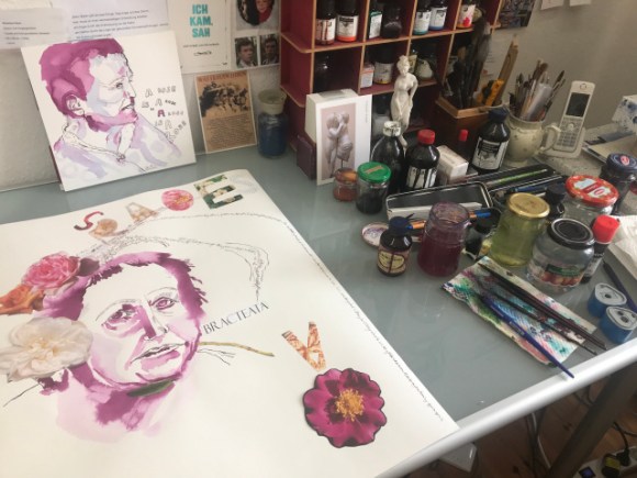 Entstehung Mein Sinnbild von Gertrude Stein, 65 x 50 cm, Tusche auf Hahnemuehle Aquarellkarton, Collage von Susanen Haun (c) VG Bild-Kunst, Bonn 2019