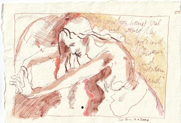 1 - Susanne Haun, Ein Engel in New York und Schwerin, 1.1.2006, 15 x 10 cm, Tusche, Buntstift und Aquarell auf Silberburg Büttenpapier