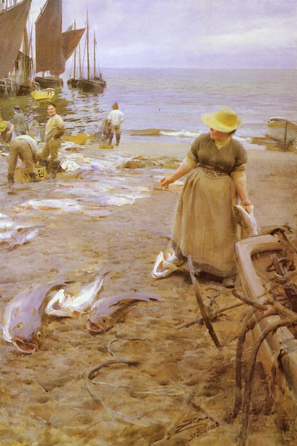 Anders Zorn, Fish Market in Saint Ives (1888), watercolour, 100 x 76.5 cm, Private collection. Wikimedia Commons.