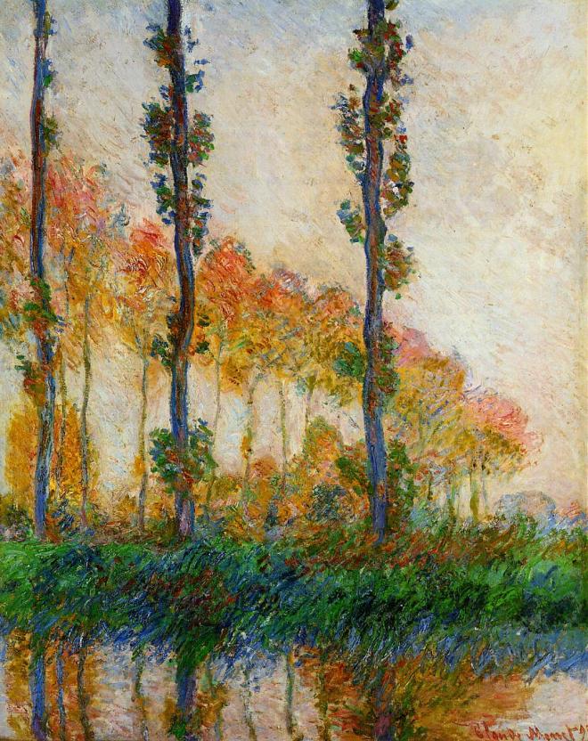 Claude Monet, The Three Trees, Autumn (1891) W1308, oil on canvas, 92 x 73 cm, Private collection. WikiArt. 