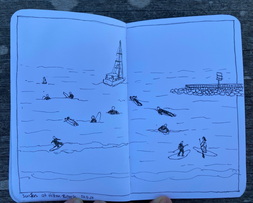 Surfers and yacht sketch as above, minus the text and with the sea not painted in blue. 