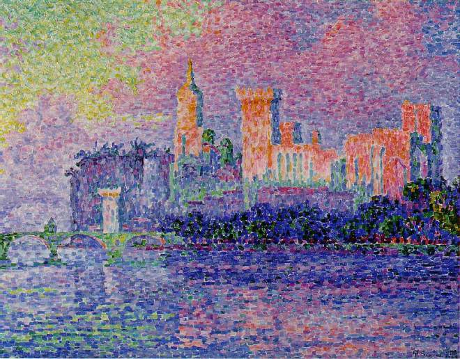 Paul Signac, Avignon, Evening (The Papal Palace) (1909), oil on canvas, 73.5 x 92.5 cm, Musée d'Orsay, Paris. WikiArt.