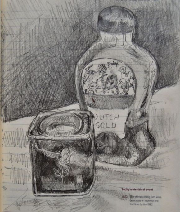 Honey bottle and pepper tin by Aletha Kuschan, pencil on a page of an old calendar journal, 6.25x5.5 inches. Finished version. Dutch Gold Wildflower honey and Pimenton de la vera pepper